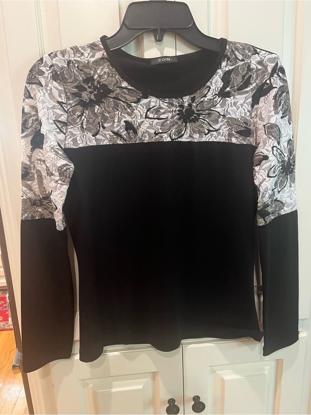 Black Long-Sleeve Top with Gray Floral Accent